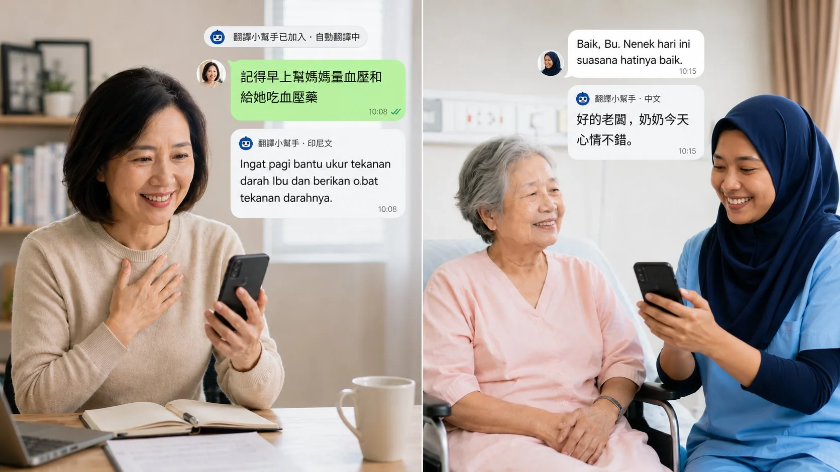 翻譯小幫手加入 LINE 群組後,中文與印尼語翻譯在同一段對話同步出現,雙方都看得懂