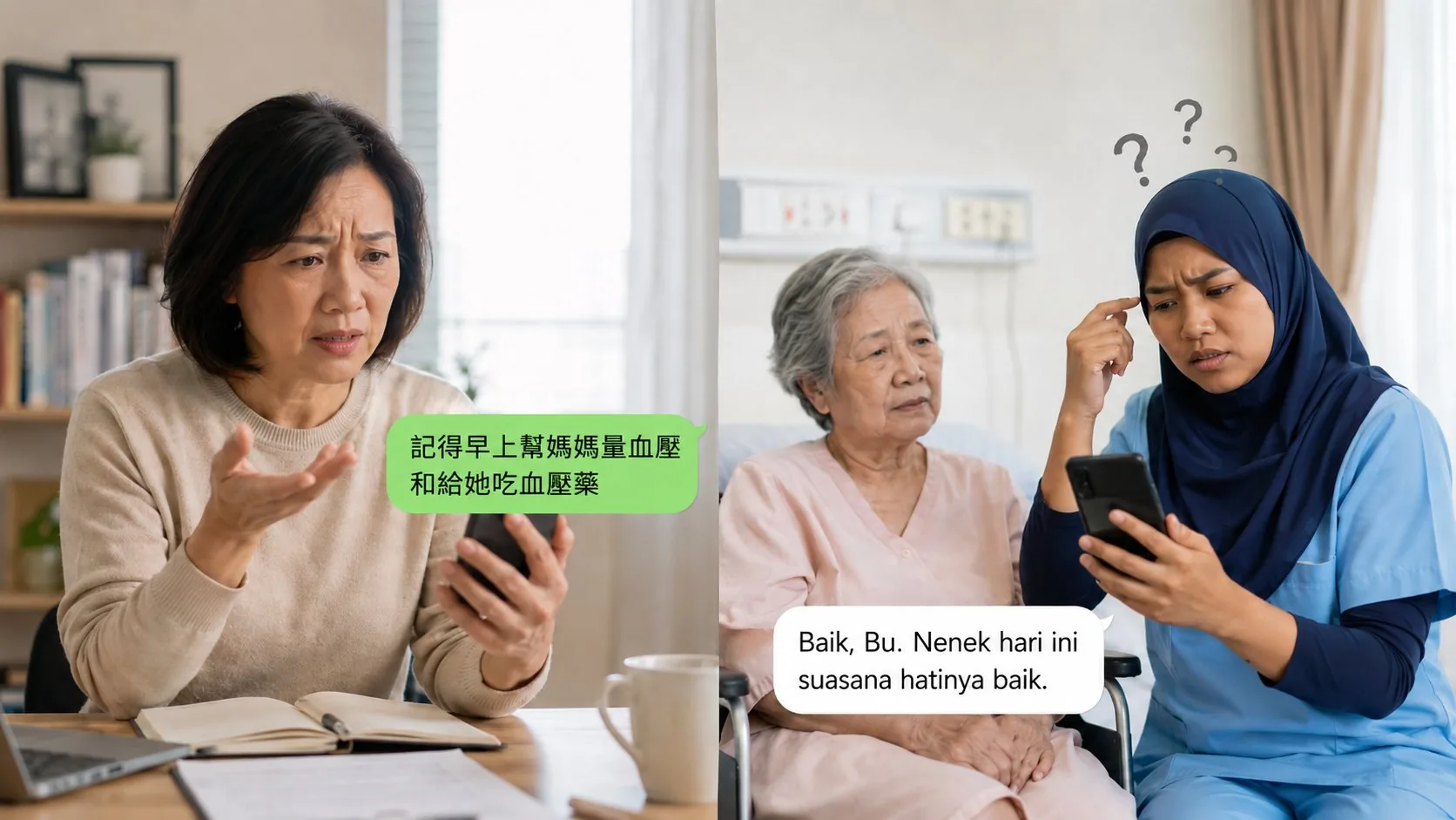 雇主用中文傳 LINE 訊息,外籍看護看不懂、只能比手畫腳的溝通卡關畫面